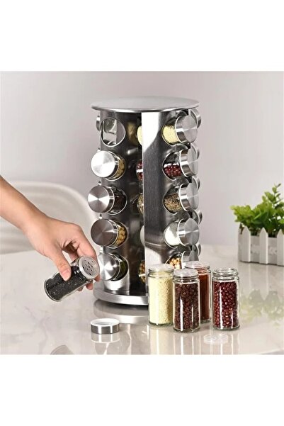 MAKRİ HOME 360 Rotatable Glass Spice Set with Stainless Stand - 12-Piece Round Black