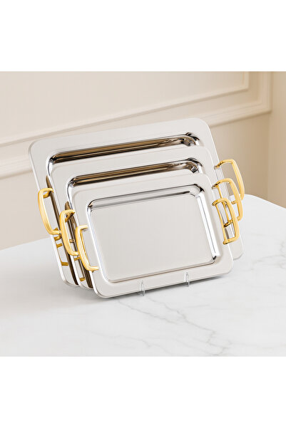 ALSAIF ✨ Al Saif Luxury Tray Set – 3 Sizes, Stainless Steel with Gold Handles ✨