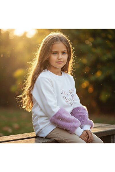 FESSHERA KİDS Φούτερ για κορίτσια Λευκό χαριτωμένο βαμβακερό φούτερ με λεπτομέρεια από πέρλες και βελούδινα μανίκια με τύπωμα