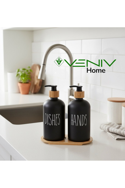 VENİV HOME Lavin 2-Piece Black Kitchen Liquid Soap Dispenser Set - Bamboo Tra...