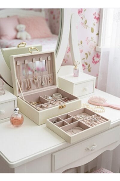 bity thok An ivory-colored jewelry box with an elegant design and double compartments.