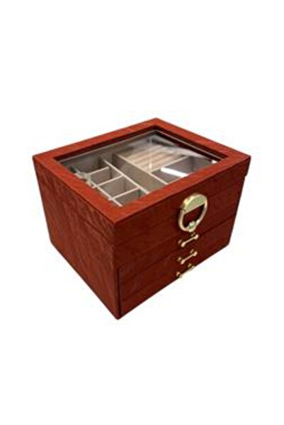bity thok A reddish-brown jewelry box with a glass design and 3 elegant drawers.