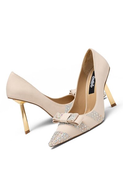 Dedos Special Stone Embroidered Women's High Heeled Bow Evening Dress Shoes 333