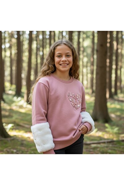 FESSHERA KİDS Φούτερ για κορίτσια Λευκό χαριτωμένο βαμβακερό φούτερ με λεπτομέρεια από πέρλες και βελούδινα μανίκια με τύπωμα