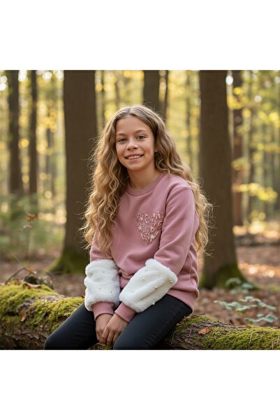 FESSHERA KİDS Φούτερ για κορίτσια Λευκό χαριτωμένο βαμβακερό φούτερ με λεπτομέρεια από πέρλες και βελούδινα μανίκια με τύπωμα