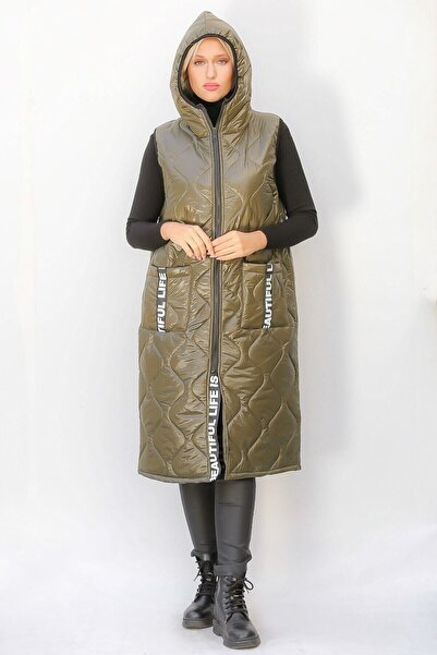 della moor Women's Khaki Italian Quilted Hooded Oversize Puffer Long Vest