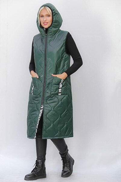 della moor Women's Green Italian Quilted Hooded Oversize Puffer Long Vest