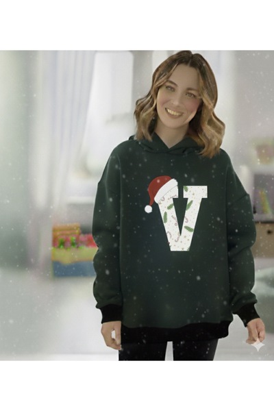 ÇAĞLA KURT Women's New Year's Themed Hooded Sweatshirt with the Letter V