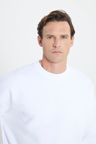 AC&Co / Altınyıldız Classics White Oversized Fit Loose Fit Cotton Fleece Lined 3 Thread Crew Neck Sweatshirt