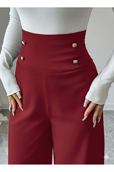 babatr.com Women's High Waist Buttoned Wide Leg Imported Crepe Trousers