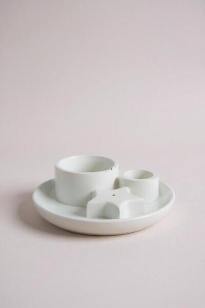 Mum ve Parafin Çok Amaçlı Yuvarlak Taş Tozu Dekoratif Set – Tütsülük, Şamdanl...