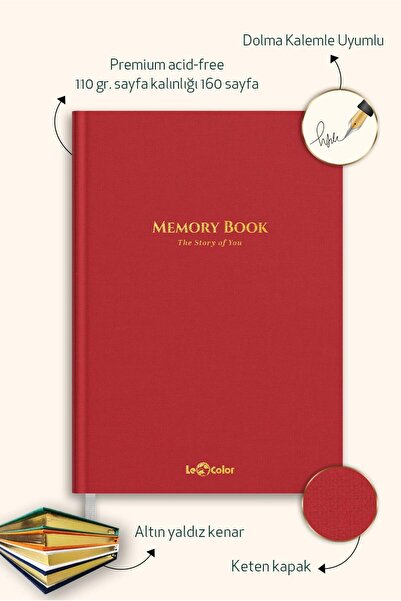 Le Color Keten Hatıra Defteri Dolma Kalem Uyumlu Altın Kenarlı Albüm Kırmızı