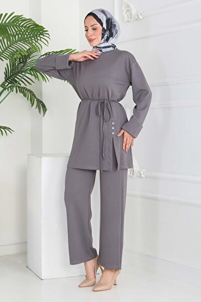 TOFİSA Button Detailed Modal Double Suit Smoked - 28013-Fume