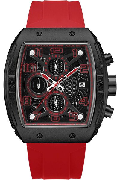 Police ساعة كرونوغراف للرجال من كوزويج، ميناء أسود، حزام سيليكون أحمر، 46 مم