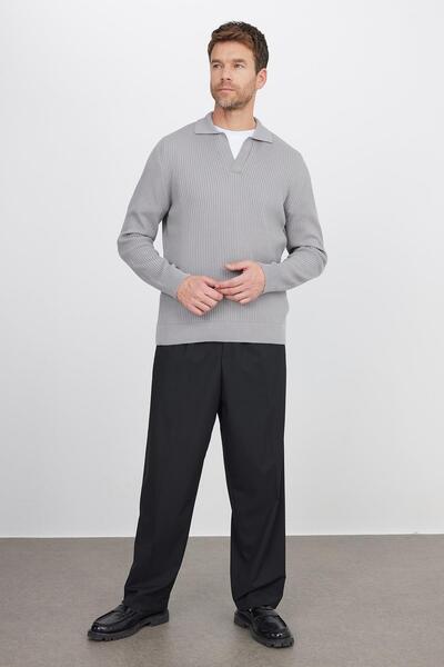 Tudors Ανδρικό πουλόβερ με κανονική εφαρμογή, βαμβακερό πόλο με λαιμόκοψη σε γκρι χρώμα