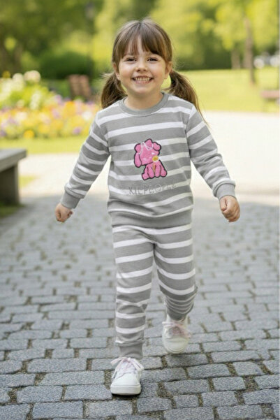 TOFİSA Girl's Gray Striped Embroidered Two-Thread Two-Piece Set - 28011-Gri