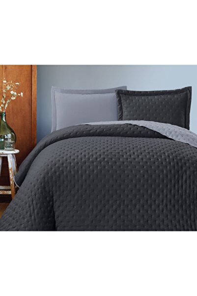 Bella Home Washed Double-Sided Double Bedspread Set - 260X240 cm - Dark Gray with Pvc Bag - Gray