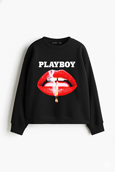 Bak Moda Playboy cu imprimeu Hanorac fără glugă croi relaxat pentru femei, ne...