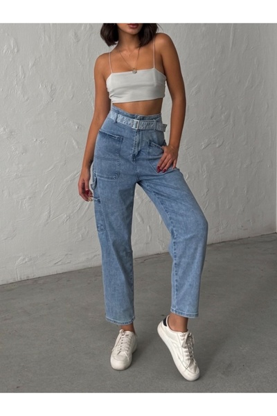 ADAMODA.RO Γυναικείο τζιν με ψηλή μέση και ζώνη