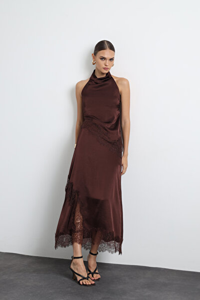 Mozto Celinor Lace Brown Maxi Satin Skirt