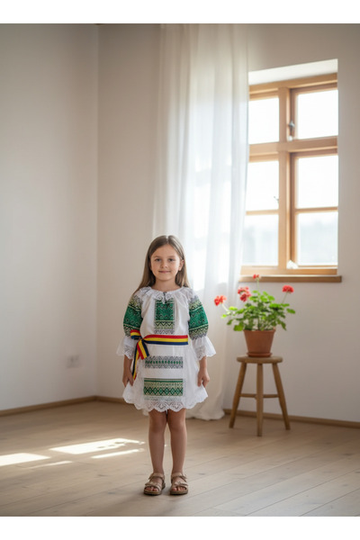 ihaoo Traditional Dress for Little Girls with Red Embroidery and Tricolor Belt