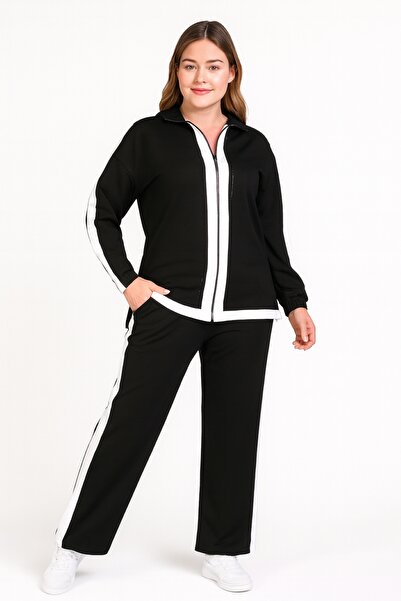 Şans Women's Plus Size Black and White Color Detailed, Stone Embroidered Tracksuit Set 65N39255