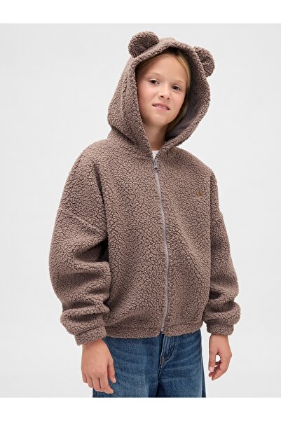 GAP Kız Çocuk Kahverengi Oversized Bear Fermuarlı Sweatshirt