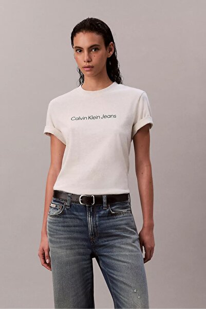 Calvin Klein Tricou de damă gri cu imprimeu și guler rotund din denim LV047C9...