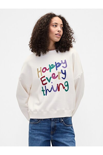GAP Kadın Kırık Beyaz Oversized Grafik Baskılı Sweatshirt