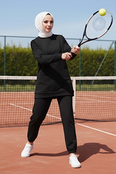 TOFİSA طقم مكون من قطعتين بخصر مطاطي ولون أسود - 28029-أسود