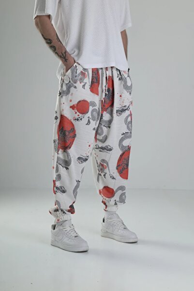 FG KONNİCHİWA Snake Pattern Chinese Unisex Ethnic Patterned Elastic Waist and Legs Casual Hippie Bohemian with Pockets