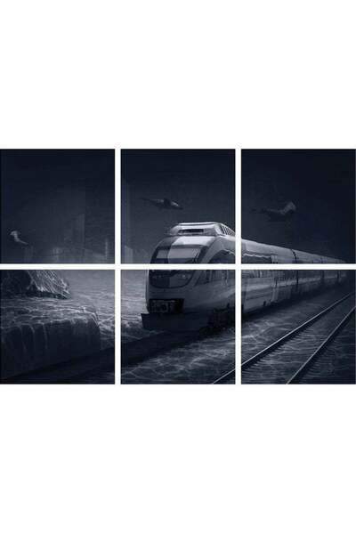 Sasb لوحة فنية جدارية بتصميم قطار بدون إطار، مكونة من 6 قطع - أسود/أبيض