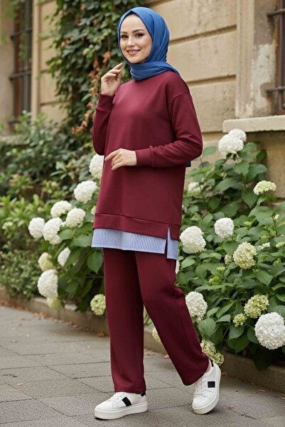 TOFİSA Φούστα ριγέ Modal Διπλό Σετ Βουργουνδίας - 28028-BORDO