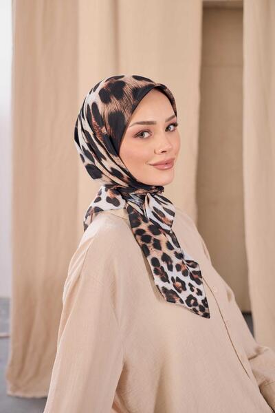 İpekel Kahve Siyah Leopar Desenli Pamuk Soft Eşarp