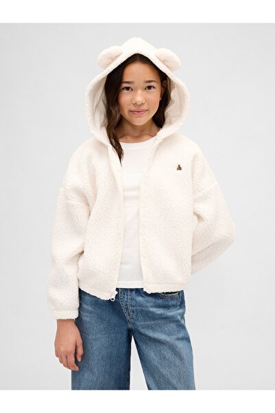 GAP Kız Çocuk Krem Oversized Bear Fermuarlı Sweatshirt