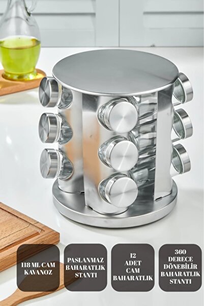 MAKRİ HOME 360 Rotatable Glass Spice Set with Stainless Steel Stand - 12-Piece Chrome Round