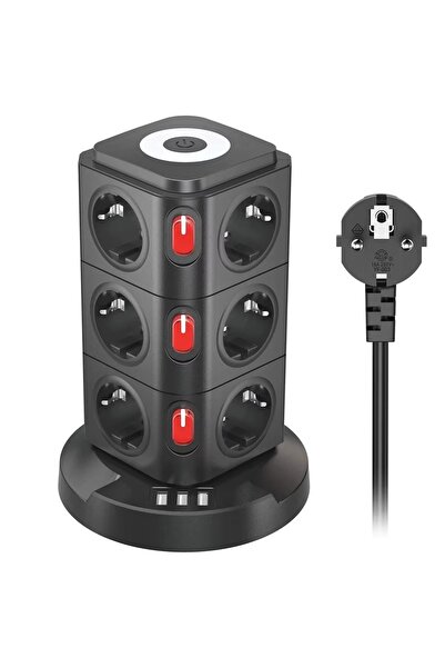 ALWAYS TEKNOLOJİ 12'li Akım Korumalı Kule Priz Kablosuz Şarj İstasyonu 1-USB 2-TYPE-C