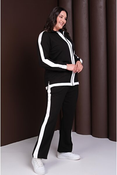 Şans Women's Plus Size Black and White Color Detailed, Stone Embroidered Tracksuit Set 65N39255