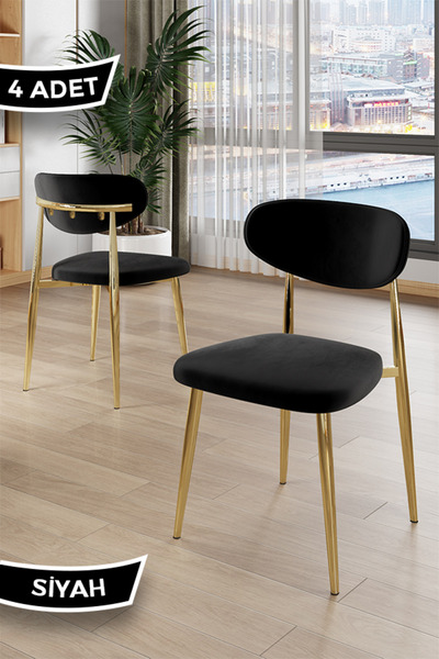 Canisa Laos Serisi 4 Adet Siyah Mutfak Sandalyesi Gold Kaplama Metal Ayak 1.S...