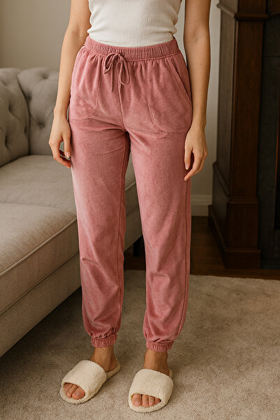 REMSA Women's Elastic Cuffed Pocket Detailed Velvet Fabric Single Bottom 503 Pink