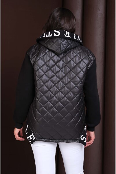 Şans Women's Plus Size Black, Hooded , Pocket Quilted Coat 65N39253