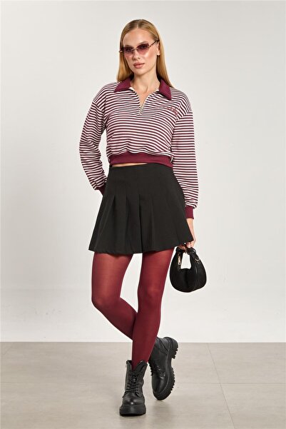 BARRELS AND OIL Women's Polo Neck Half Zipper Striped Sweatshirt - Burgundy Ecru