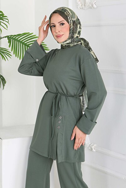 TOFİSA Costum din două piese din modal cu detaliu cu nasturi, kaki - 28013-HAKI