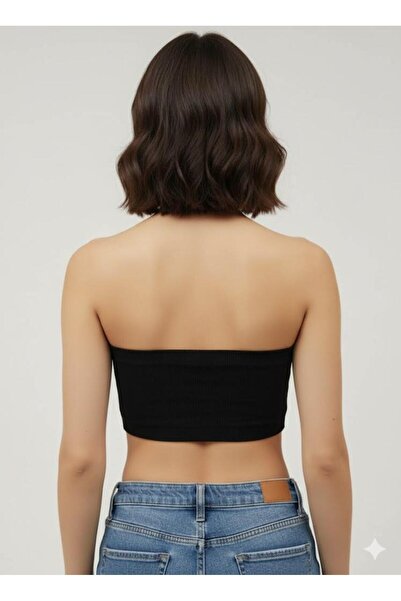 Afri Women's Black Stone Detailed Strapless Crop Top – Stretchy Fabric, Shiny Band Bustier