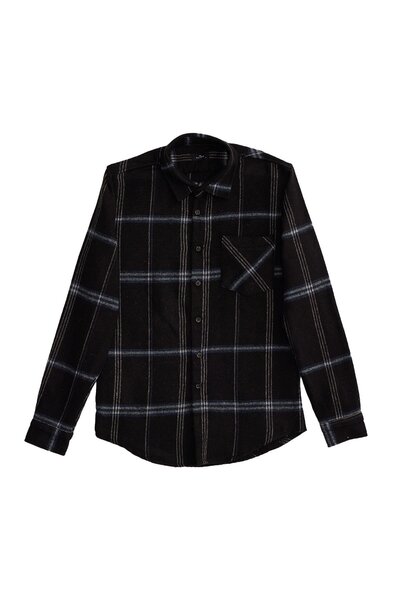 Tudors Men's Slim Fit slim fit plaid pocket black lumberjack shirt