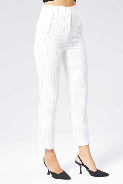 Milamia Kadın Yüksek Bel Cep Detaylı Bilek Boy Çizgili Kumaş Pantolon