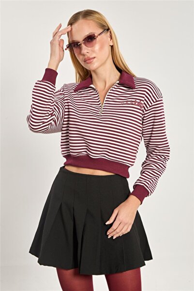 BARRELS AND OIL Women's Polo Neck Half Zipper Striped Sweatshirt - Burgundy Ecru