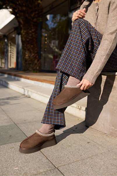 ANGELİNA JONES Parella Women's Brown Genuine Leather Suede Ultramini Slippers Boots