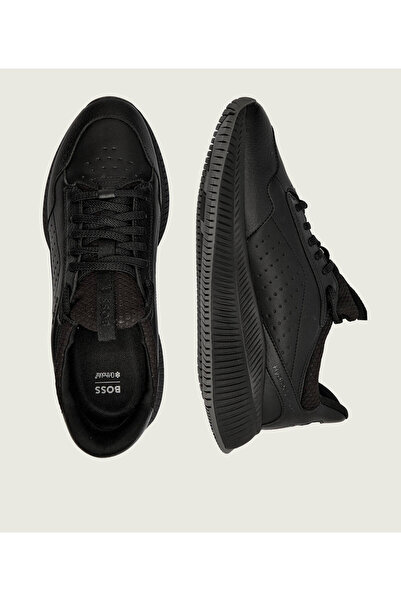 BOSS Men's Thick Heel Leather Lace-Up Comfortable Sole Black Sneaker 50553207-005