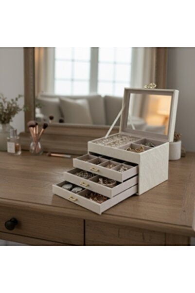 bity thok Ivory-colored jewelry box with a glass design and 3 elegant drawers